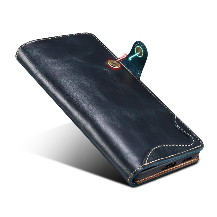 Para Samsung Galaxy S21 5G Denior Oil Wax Cowhide Botón magnético Funda de cuero genuino (Azul oscuro)