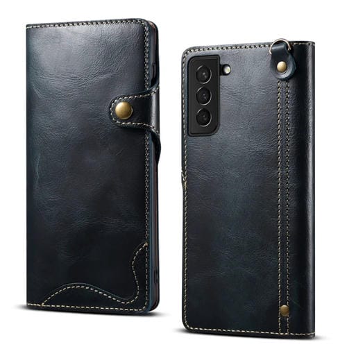 Para Samsung Galaxy S21+ 5G Denior Oil Wax Cowhide Botón magnético Funda de cuero genuino (Azul oscuro)