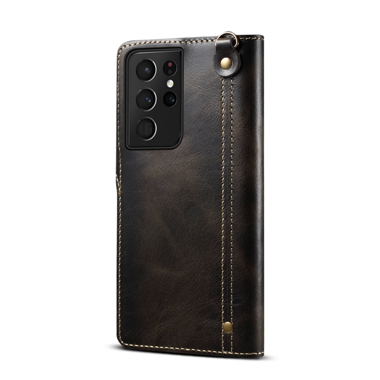 Para Samsung Galaxy S21 Ultra 5G Denior Oil Wax Cowhide Botón magnético Funda de cuero genuino (Negro)