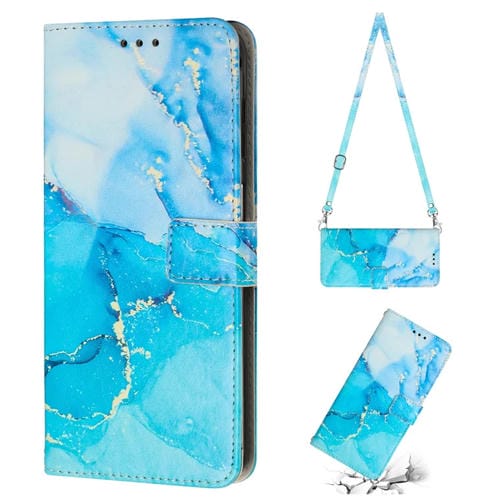 Para Motorola Edge 30 Crossbody Funda de teléfono de cuero con patrón de mármol pintado (azul verde)