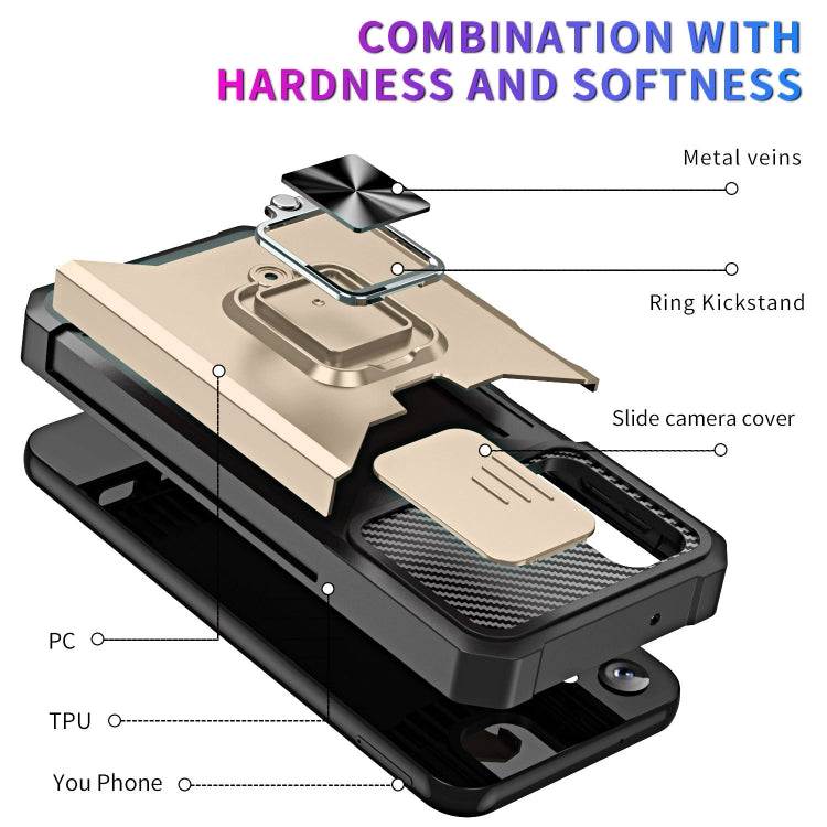Estuche deslizante Samsung Galaxy A14 5G Camshield soporte anillo ranura tarjeta (Oro)