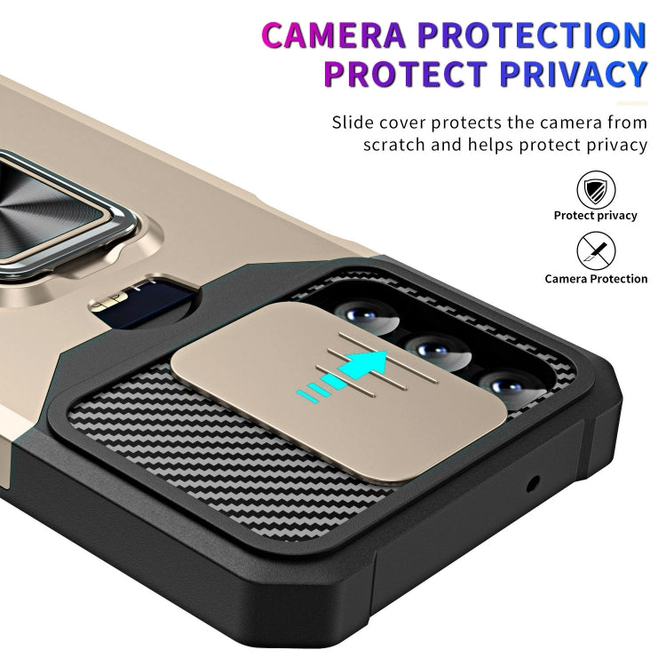 Estuche deslizante Samsung Galaxy A14 5G Camshield soporte anillo ranura tarjeta (Oro)