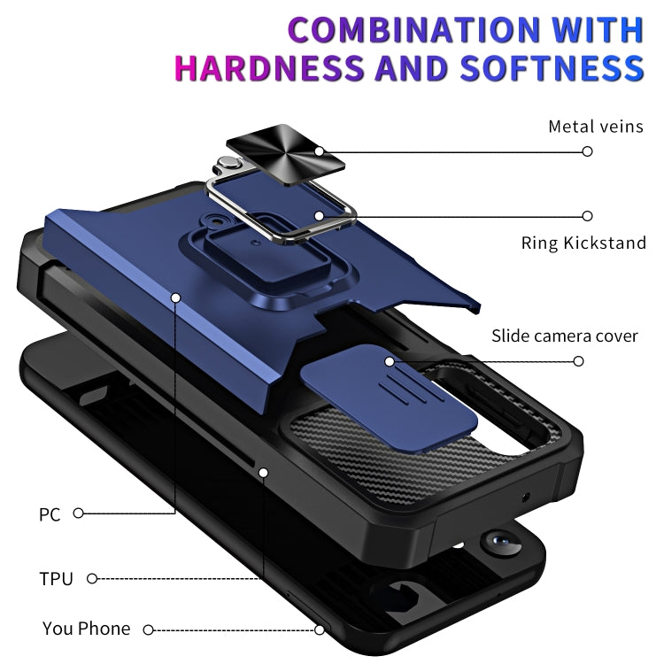 Estuche deslizante para Samsung Galaxy A14 5G Camshield con soporte para anillo y ranura para tarjeta (Azul)
