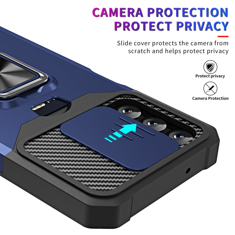 Estuche deslizante para Samsung Galaxy A14 5G Camshield con soporte para anillo y ranura para tarjeta (Azul)