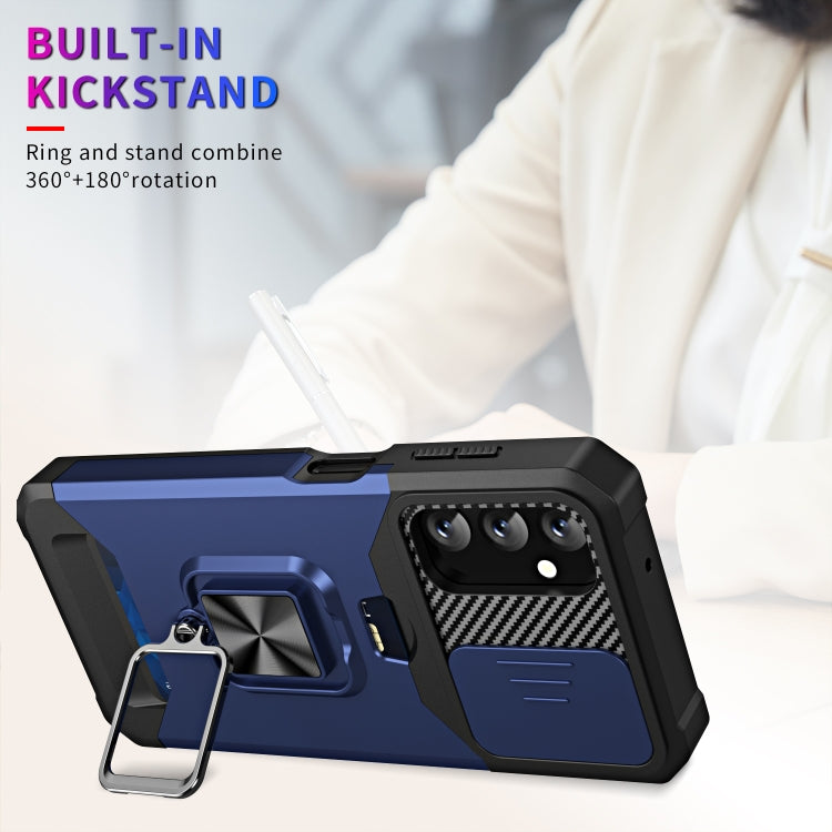 Estuche deslizante para Samsung Galaxy A14 5G Camshield con soporte para anillo y ranura para tarjeta (Azul)