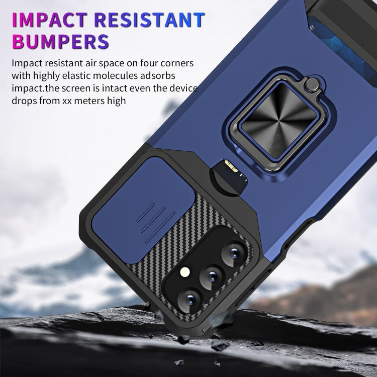 Estuche deslizante para Samsung Galaxy A14 5G Camshield con soporte para anillo y ranura para tarjeta (Azul)