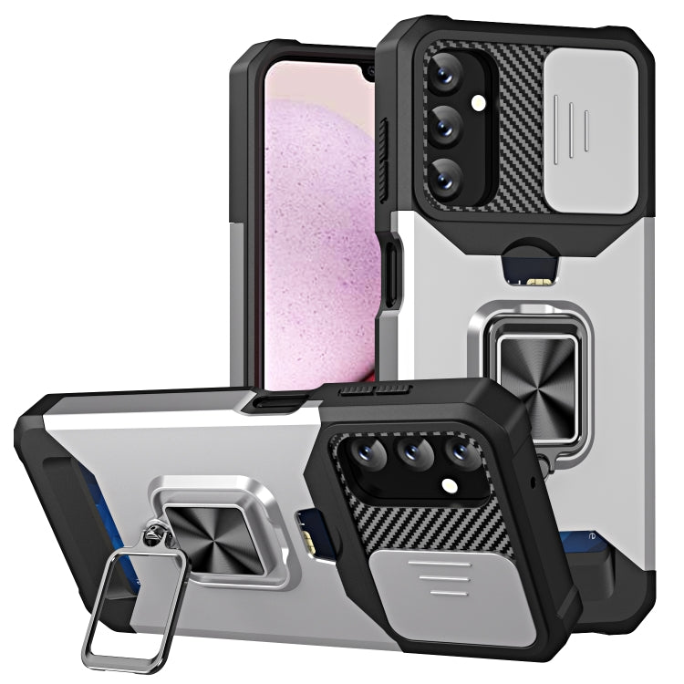 Estuche Deslizante Samsung Galaxy A14 5G Camshield con Soporte y Ranura para Tarjeta (Plata)