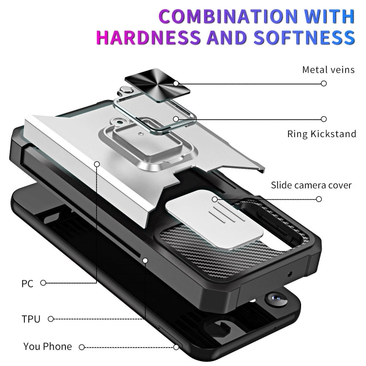 Estuche Deslizante Samsung Galaxy A14 5G Camshield con Soporte y Ranura para Tarjeta (Plata)