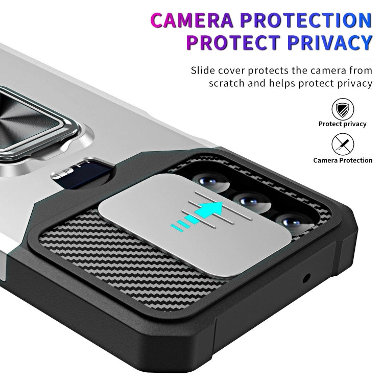 Estuche Deslizante Samsung Galaxy A14 5G Camshield con Soporte y Ranura para Tarjeta (Plata)