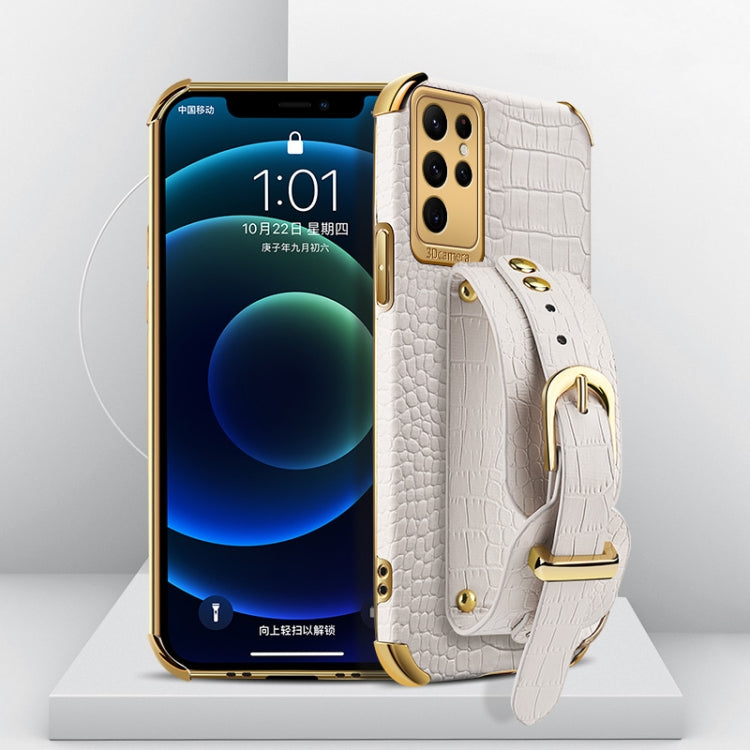 Para Samsung Galaxy S23 Ultra 5G Estuche de cuero con patrón de cocodrilo de TPU galvanizado con correa para la muñeca (Blanco)