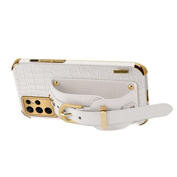 Para Samsung Galaxy S23 Ultra 5G Estuche de cuero con patrón de cocodrilo de TPU galvanizado con correa para la muñeca (Amarillo)