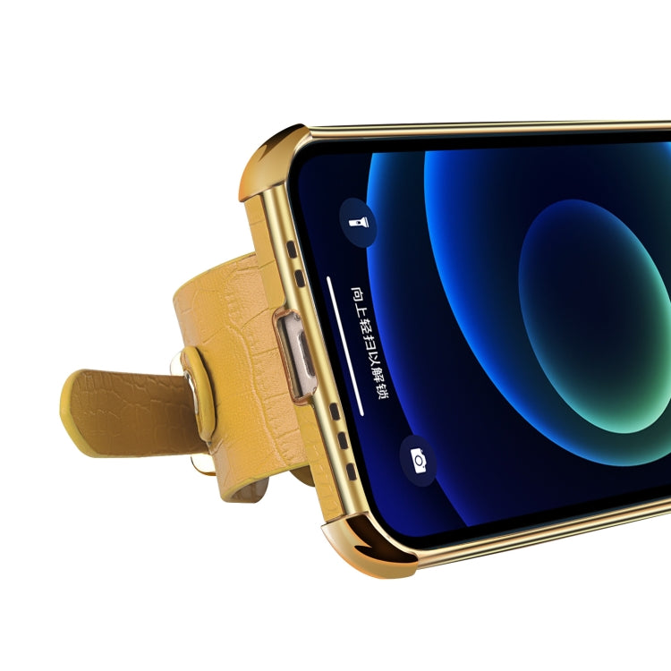 Para Samsung Galaxy S23 Ultra 5G Estuche de cuero con patrón de cocodrilo de TPU galvanizado con correa para la muñeca (Amarillo)