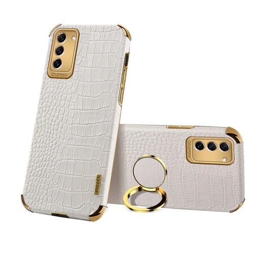 Para Samsung Galaxy S23 5G 6D Galvanoplastia Caja del teléfono con textura de cocodrilo con soporte (Blanco)