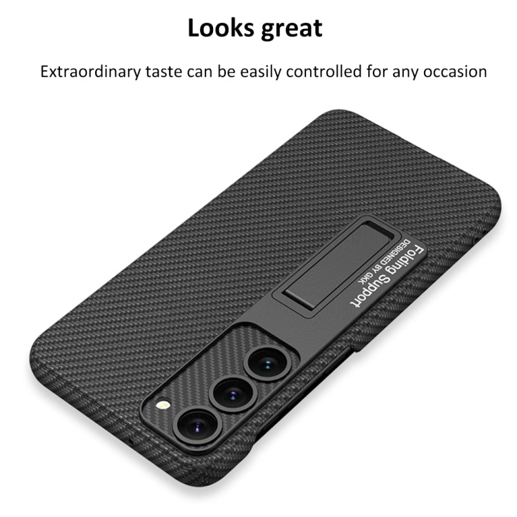 Para Samsung Galaxy S23 5G GKK Funda de teléfono a prueba de golpes de cuero liso con soporte (fibra de carbono)