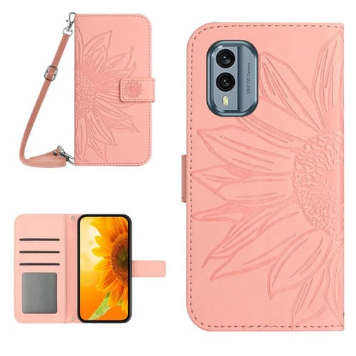 Funda de Cuero para Nokia X30 Ht04 Skin Feel con Tapa en Relieve y Cordón (Rosa)