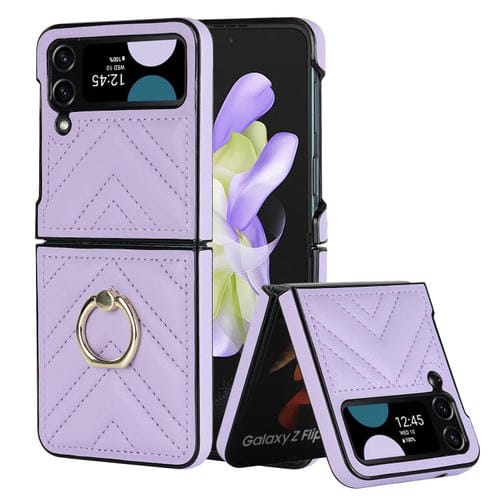 Funda Protectora Samsung Galaxy Z Flip4 Teléfono Plegable Forma de V Anillo Giratorio (Púrpura)