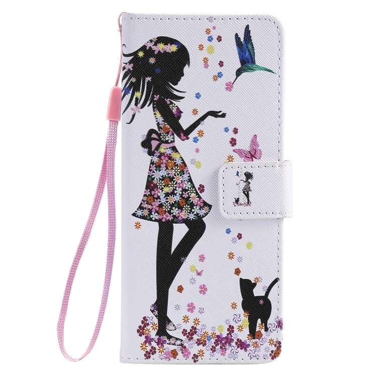 Para Sony XZ5 Painting Funda de cuero con tapa horizontal con soporte, ranura para tarjeta y cordón (mujer y gato)