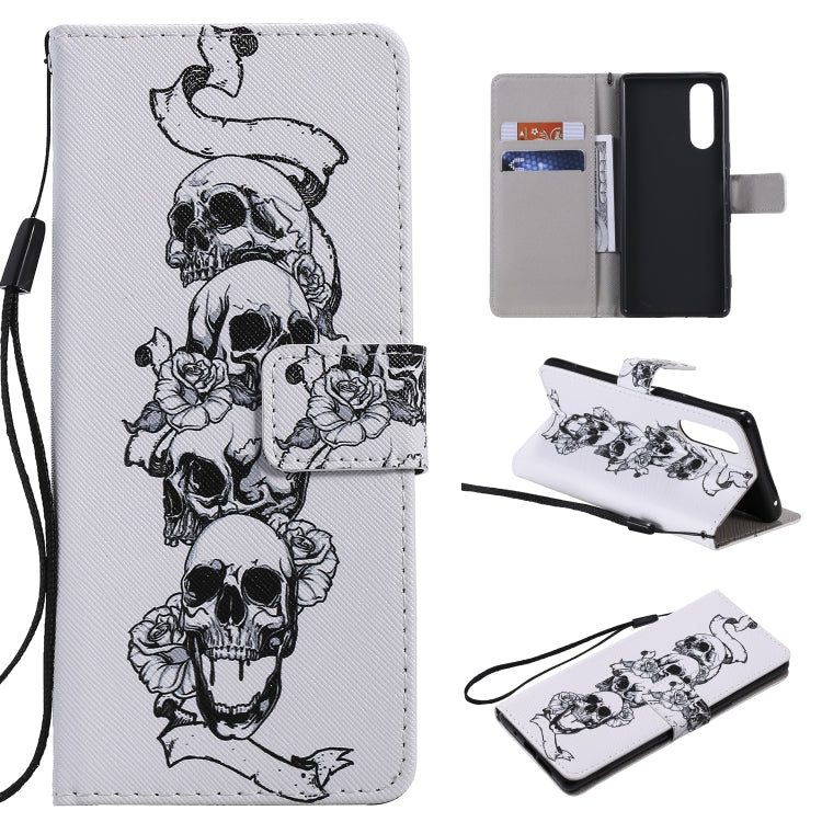 Para Sony XZ5 Painting Funda de cuero con tapa horizontal con soporte, ranura para tarjeta y cordón (hueso de cráneo)