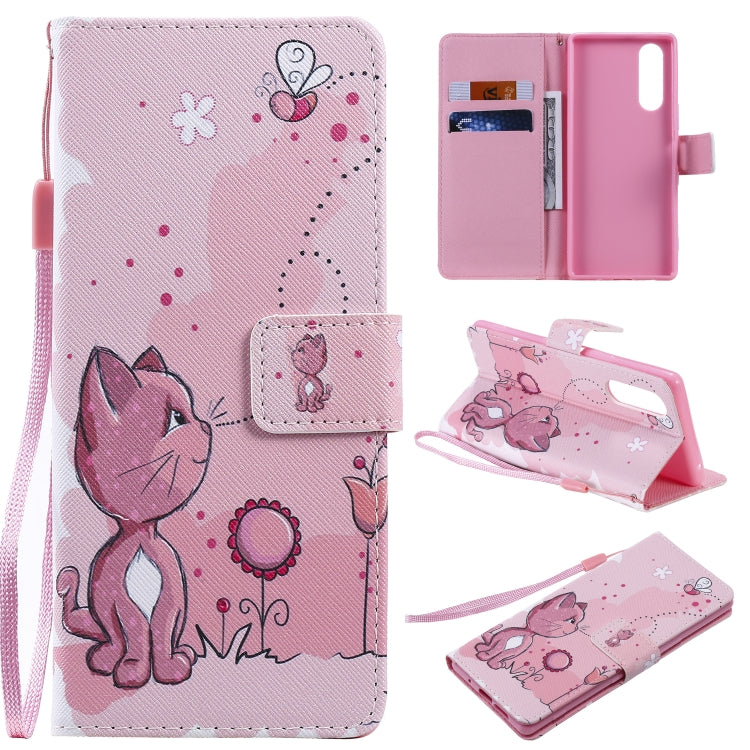 Para Sony XZ5 Painting Funda de cuero con tapa horizontal con soporte, ranura para tarjeta y cordón (gato y abeja)