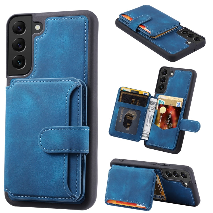 Para Samsung Galaxy S21 5G Skin Feel Dream Cepillo antirrobo a prueba de golpes Funda portátil para tarjeta de piel Funda para teléfono (Azul pavo real)