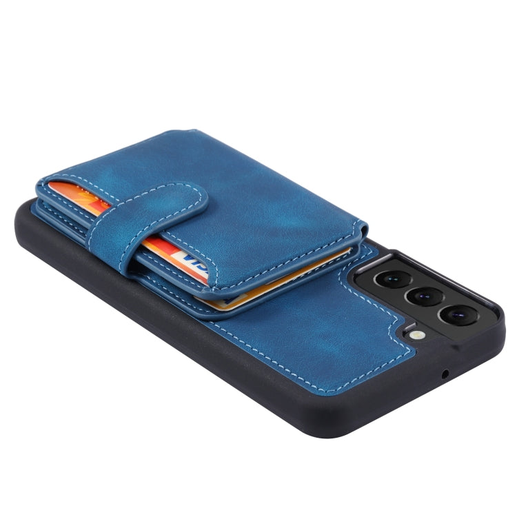 Para Samsung Galaxy S21 5G Skin Feel Dream Cepillo antirrobo a prueba de golpes Funda portátil para tarjeta de piel Funda para teléfono (Azul pavo real)