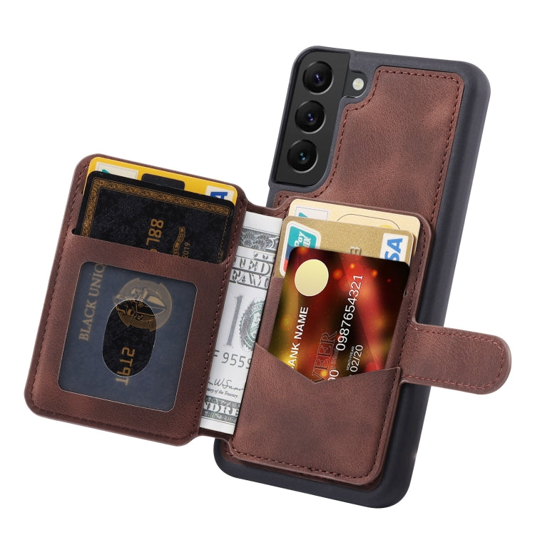 Para Samsung Galaxy S21 FE 5G Skin Feel Dream Cepillo antirrobo a prueba de golpes Funda para tarjeta de piel portátil Funda para teléfono (Café)