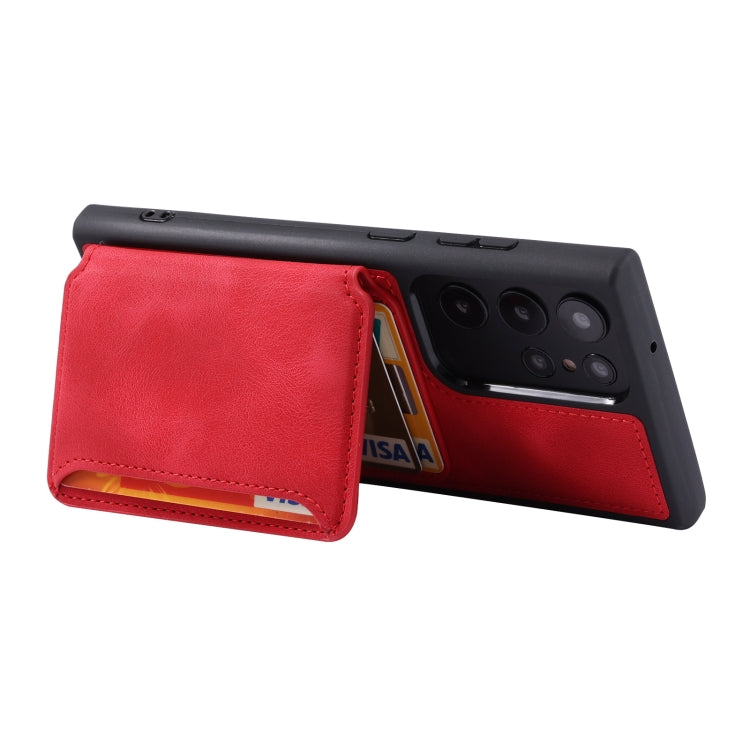 Para Samsung Galaxy S22 Ultra 5G Skin Feel Dream Cepillo antirrobo a prueba de golpes Funda portátil para tarjeta de piel Funda para teléfono (Rojo)