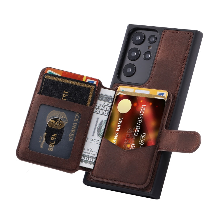 Para Samsung Galaxy S23 Ultra 5G Skin Feel Dream Cepillo antirrobo a prueba de golpes Estuche portátil para tarjeta de piel (café)