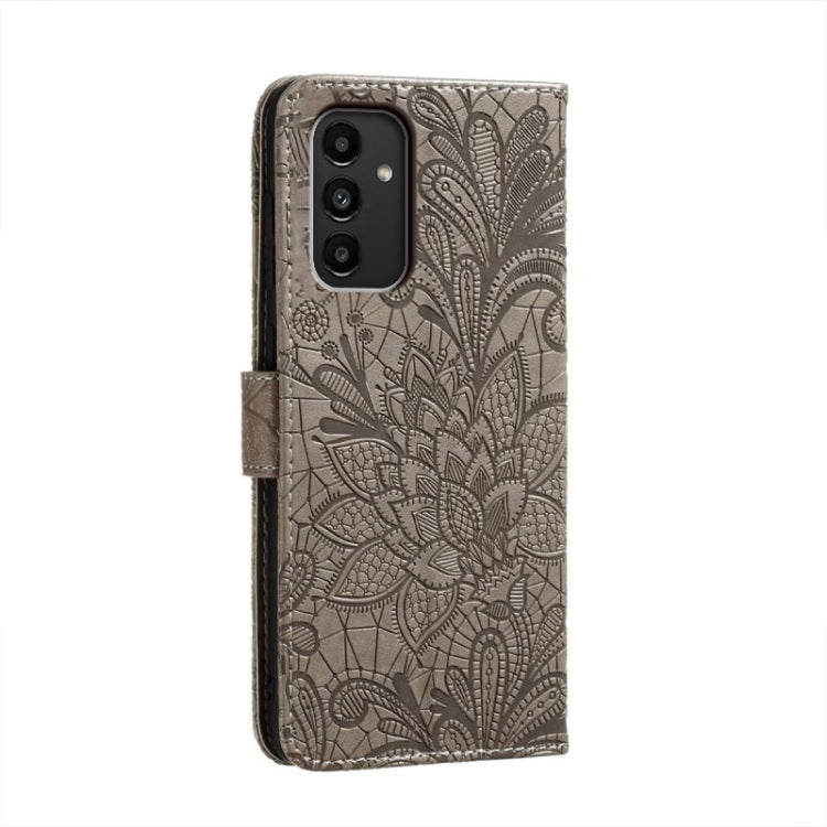 Para Samsung Galaxy A14 4G Flor de encaje en relieve Flip Funda de cuero para teléfono (Gris)
