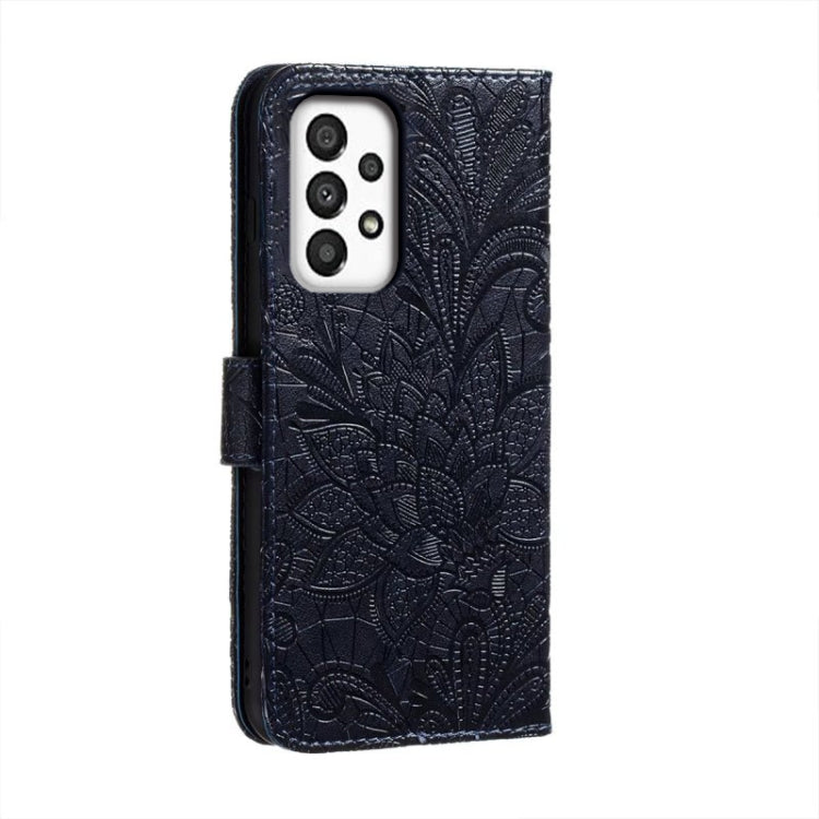 Para Samsung Galaxy A34 5G Lace Flower Relieve Funda de cuero con tapa para teléfono (Azul oscuro)