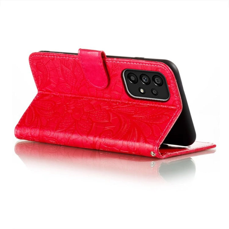 Para Samsung Galaxy A54 5G Lace Flower Relieve Flip Funda de cuero para teléfono (Rojo)