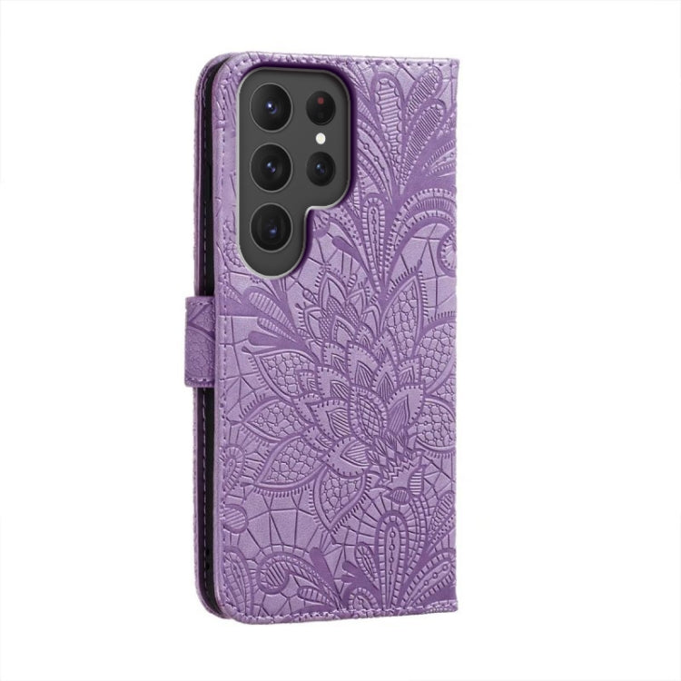 Para Samsung Galaxy S23 Ultra 5G Flor de encaje en relieve Flip Funda de cuero para teléfono (Púrpura)