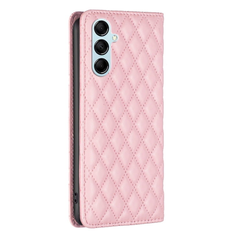 Para Samsung Galaxy M14 5G Diamond Lattice Funda de teléfono con tapa de cuero magnético (rosa)