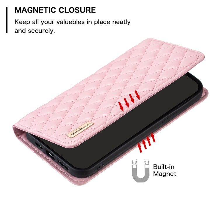 Para Samsung Galaxy M14 5G Diamond Lattice Funda de teléfono con tapa de cuero magnético (rosa)