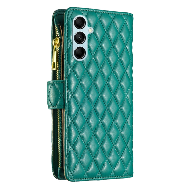 Para Samsung Galaxy M14 5G Diamond Lattice Zipper Wallet Funda de cuero con tapa para teléfono (Verde)