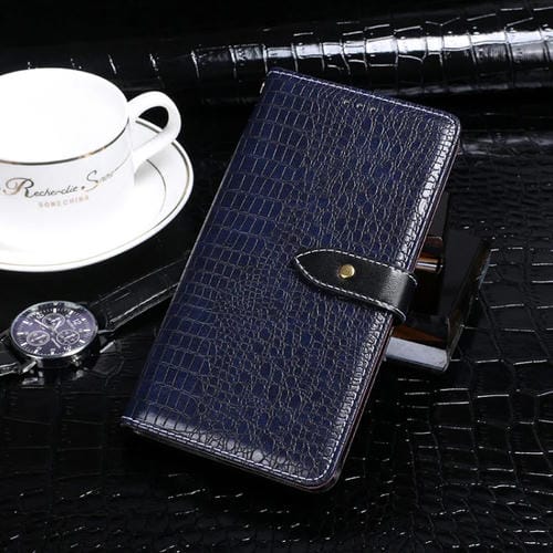 Para Motorola Moto E6 Play idewei Crocodile Texture Funda de cuero con tapa horizontal con soporte, ranuras para tarjetas y billetera (azul oscuro)