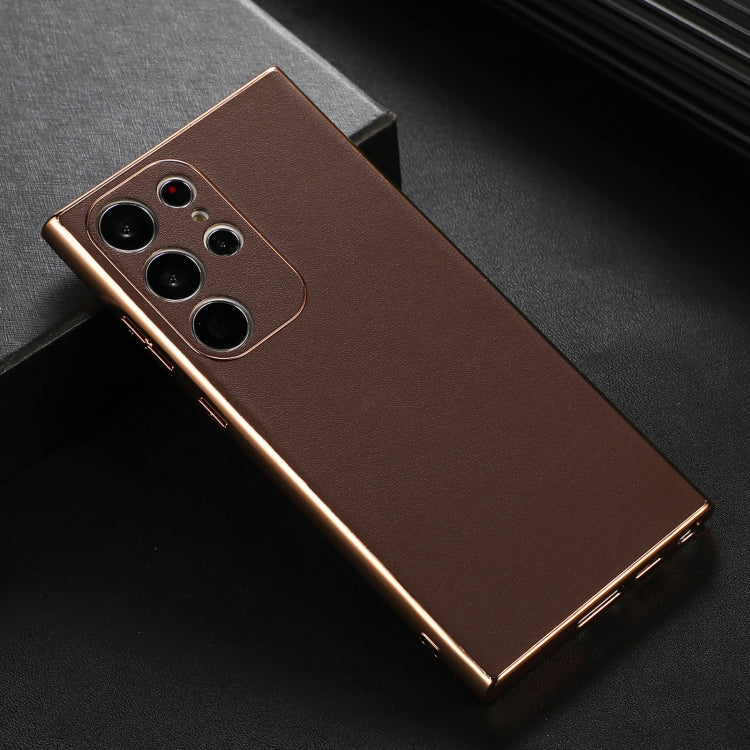 Para Samsung Galaxy S23 Ultra 5G de cuero genuino Xiaoya Series Nano Plating Phone Case (Café)