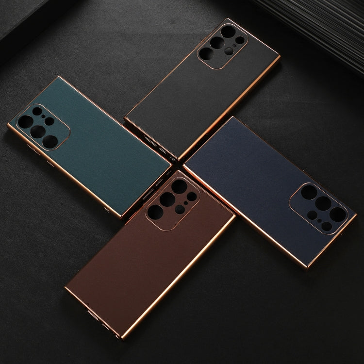 Para Samsung Galaxy S23 Ultra 5G de cuero genuino Xiaoya Series Nano Plating Phone Case (Café)
