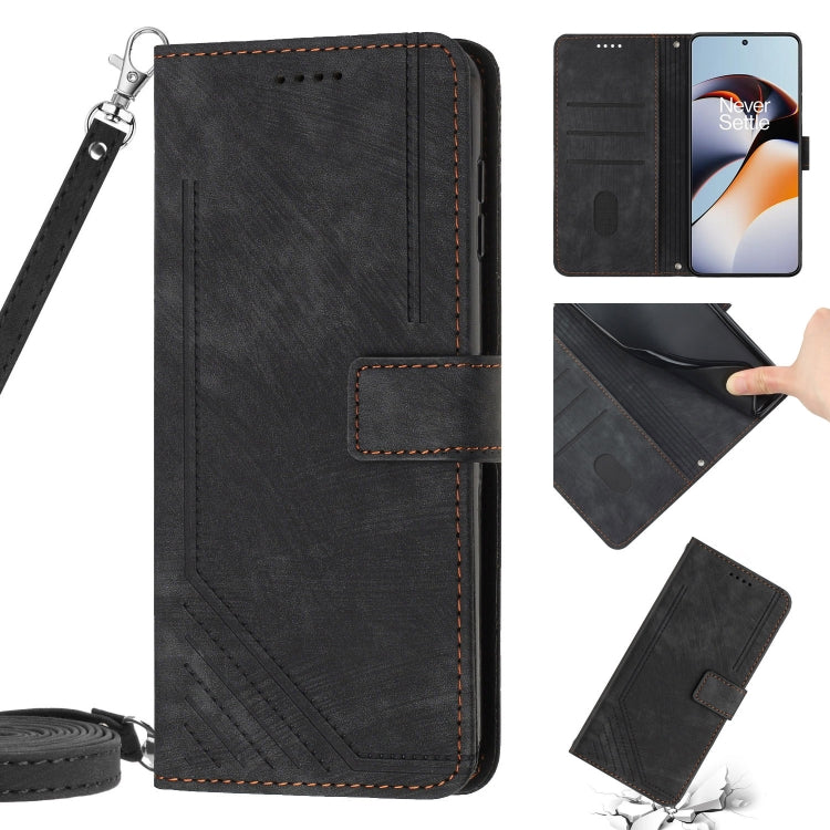 Funda de Cuero para OnePlus Nord Ce 3 con Cordón y Skin Feel Stripe Pattern (Negro)