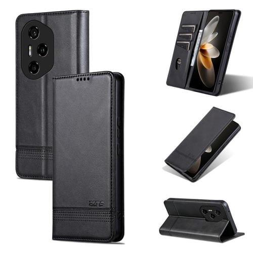 Funda de Cuero Azns con Tapa Magnética y Textura Piel de Becerro para Honor 300 Pro (Negro)