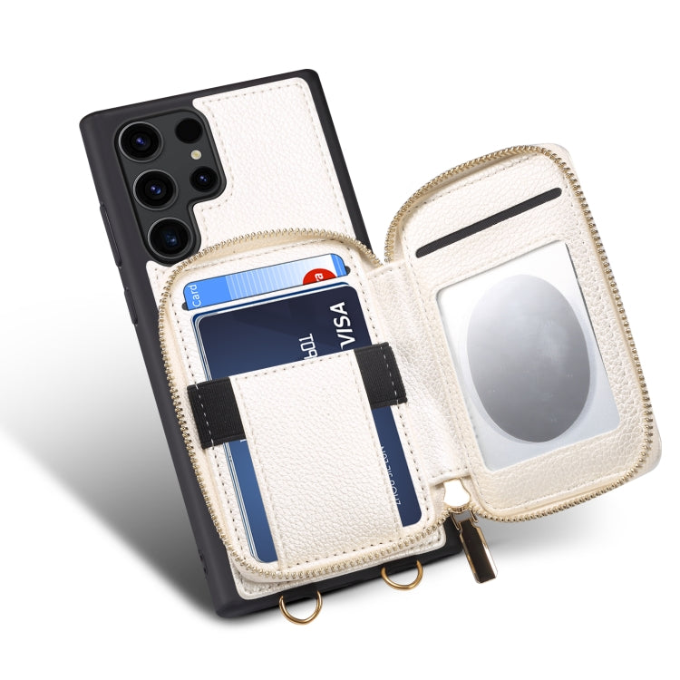 Para Samsung Galaxy S22 Ultra 5G Estuche para teléfono con ranura para tarjeta con cremallera (Blanco)
