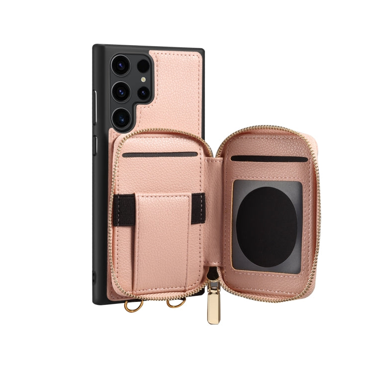 Para Samsung Galaxy S22 Ultra 5G Estuche para teléfono con ranura para tarjeta con cremallera (rosa)