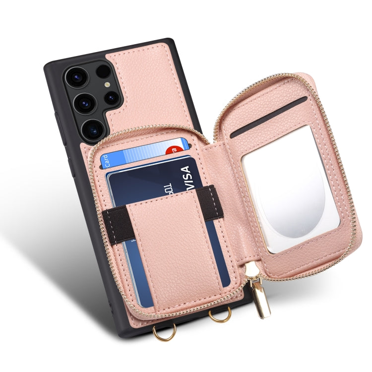 Para Samsung Galaxy S22 Ultra 5G Estuche para teléfono con ranura para tarjeta con cremallera (rosa)