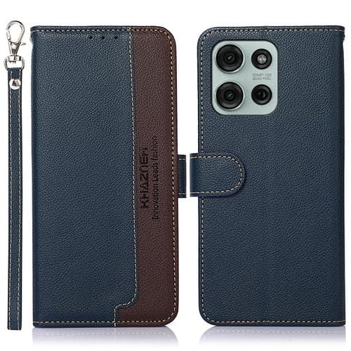 Funda de Cuero Khazneh Rfid para Motorola Moto G75 5G (Azul) con Textura de Lichi