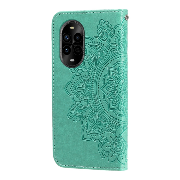 Funda de Cuero con Relieve de Flores de Siete Pétalos para Huawei Nova 13 Pro (Verde)