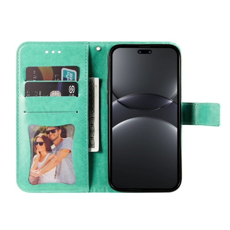 Funda de Cuero con Relieve de Flores de Siete Pétalos para Huawei Nova 13 Pro (Verde)