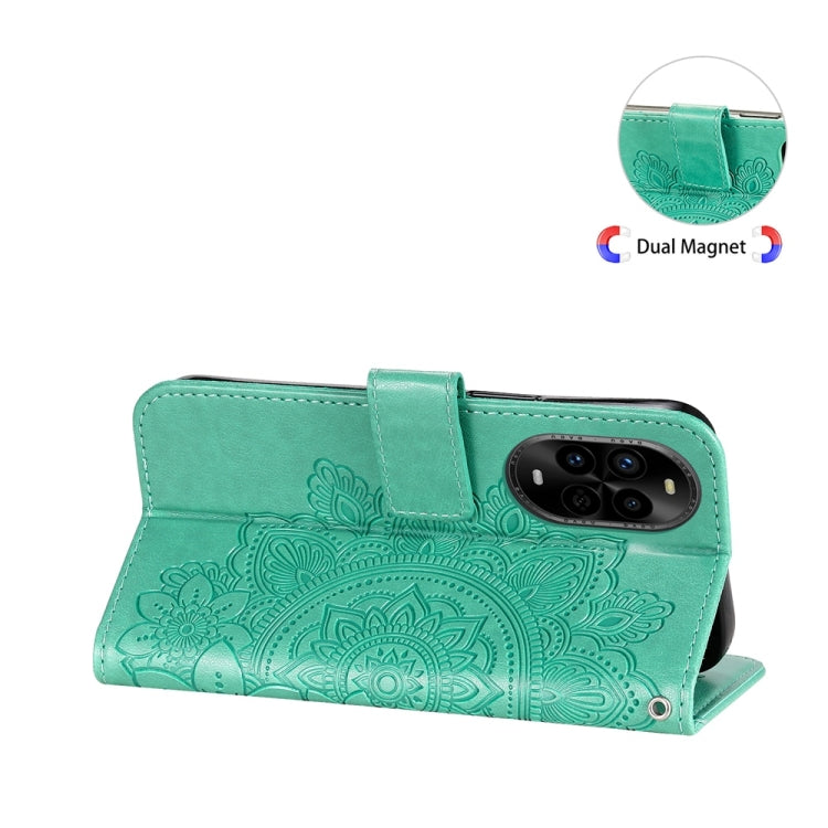 Funda de Cuero con Relieve de Flores de Siete Pétalos para Huawei Nova 13 Pro (Verde)