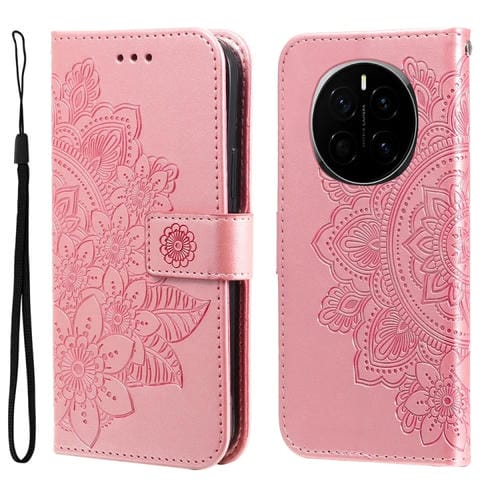 Funda de Cuero For Honor Magic7 con Relieve de Flores de Siete Pétalos (Oro Rosa)