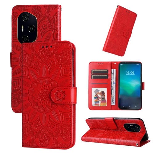 Funda de Cuero Honor 300 Pro Estampado Girasoles en Relieve (Rojo)