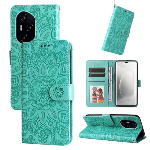Funda de Cuero con Relieve de Girasol para Teléfono Honor 300 Ultra (Verde)